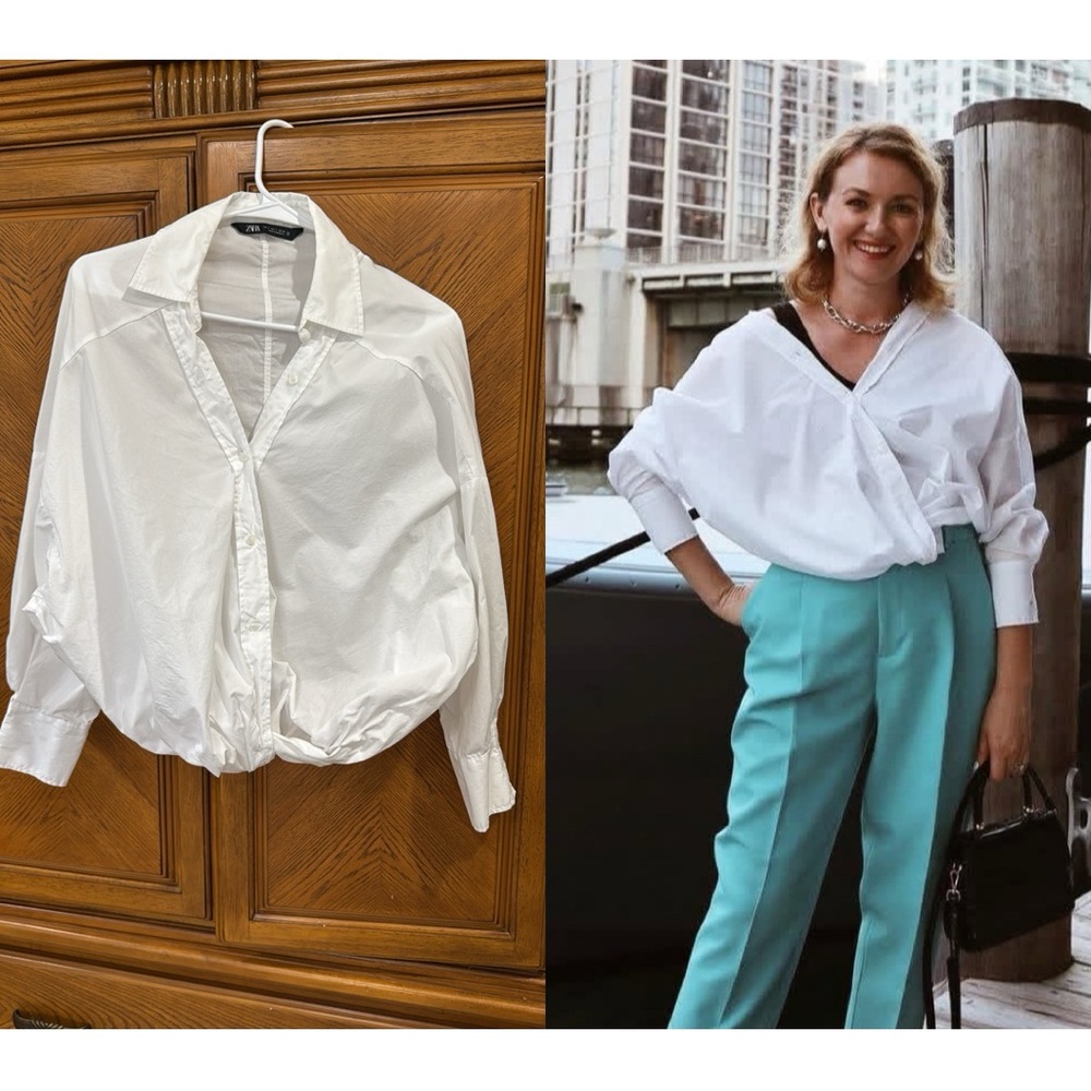 Zara white poplin shirt, size S, cropped, knotted, cocoon, balloon silhouette